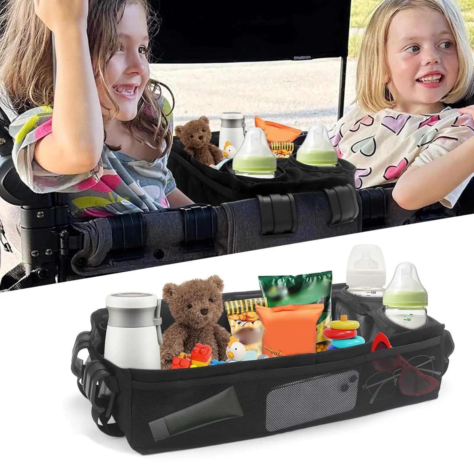 

Baby Stroller Tray with Cup Holders Double Sided Stroller Tray with Storage Mesh Pockets Detachable Outdoor Accessories