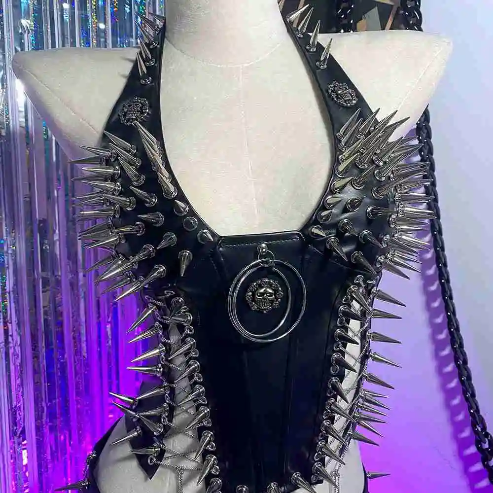 القوطي Harajuku الشرير الصخرة الهيب هوب E-الفتيات ايمو سبايك رصع برشام الجمجمة Y2K الرسن بروتيل القمم يا خاتم الجمجمة الجرونج بولي Leather الجلود