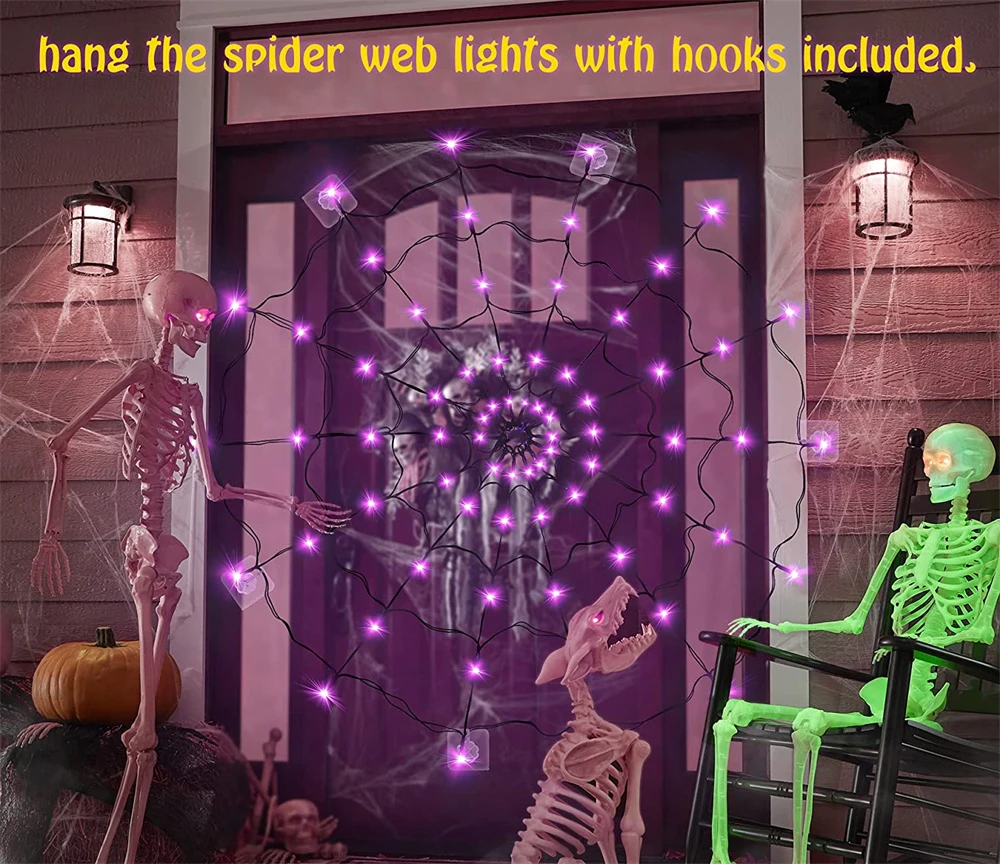 Halloween Spider Web LED Lights, Outdoor, Pátio, Jardim, Spider Fear Props, Decorativa Roxo String Light, Controle remoto