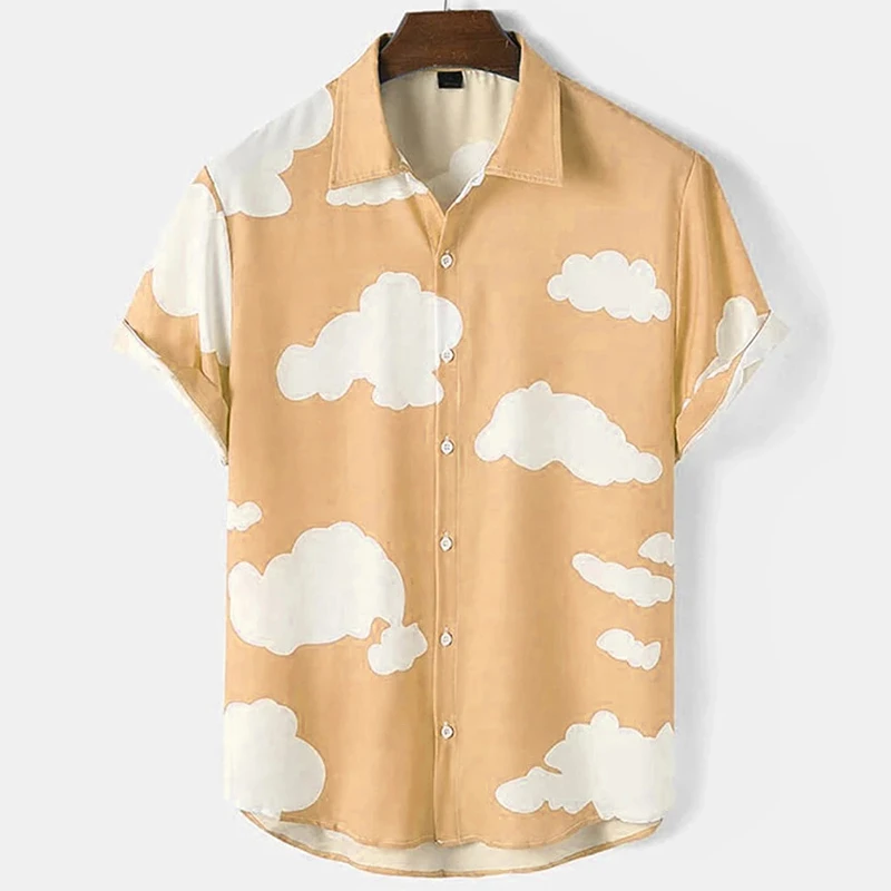 Summer Clouds Print Men\'s Tee Shirt 2024 Hawaii Beach Shirts Holiday Party Men\'s Oversized Short Sleeve Street Blouse Clothing