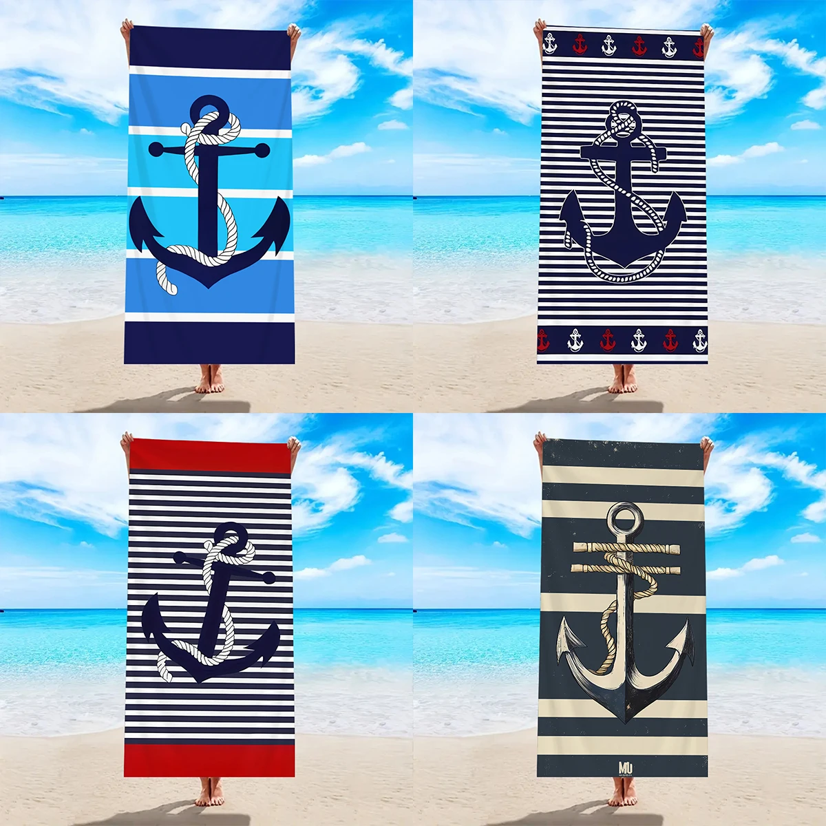 1 Stück Seelemente Streifen, großes Strandtuch mit Bootsanker-Aufdruck, Sportschwimmen, multifunktionales Yoga-Strandtuch