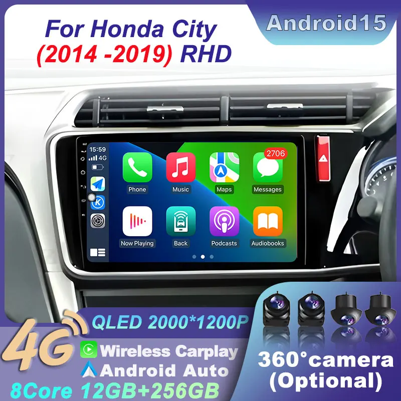 

For Honda CITY 2014-2019 RHD Android 15 Auto Carplay Multimedia Stereo Car 4G+WIF 360 CameraI GPS Radio Video Player Navigation