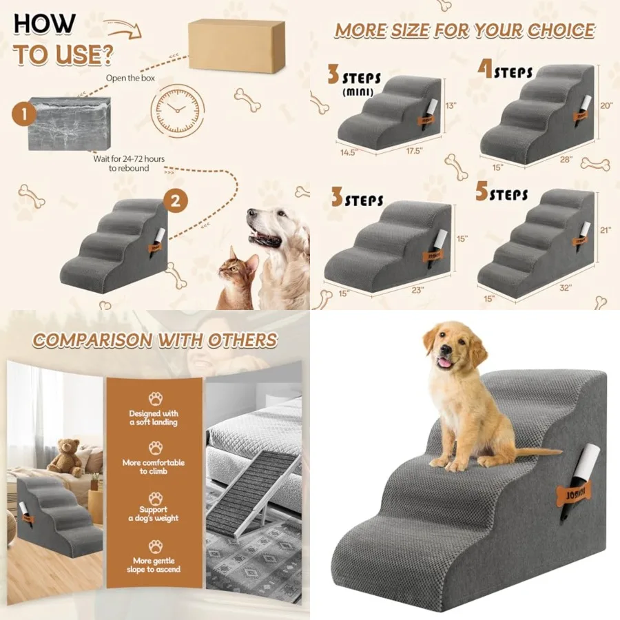 

Dog Stairs, Dog Steps Ramp for High Bed and Couch, Dogs Ramp with Durable Non-Slip Waterproof Fabric Cover, Pet Stairs for Smal