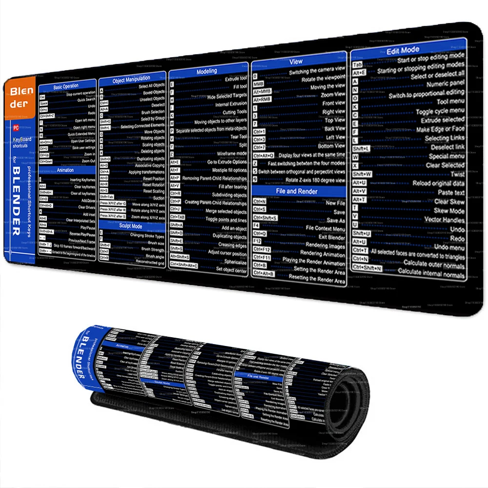 Shortcuts Mouse Pad For Blender 3D Modeling Large Cheat Sheet Keyboard Y2K Mousepad Desk Mat Non-Slip Rubber Base Stitched Edge