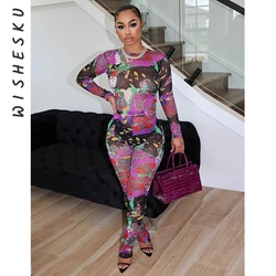 Two Piece Set Women Printed Tracksuits Sexy Long Sleeve Crop Top+High Waist Pencil Pants Outfits 2024 Summer Y2K Clothes