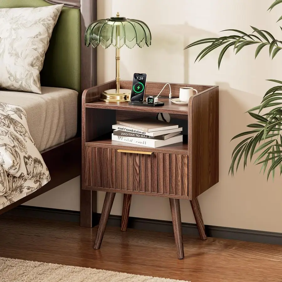 

Nightstand with Charging Station, USBC Port, Fluted Night Stand with Drawer, Bed Side Table with Solid Wood Feet, Open Storage,
