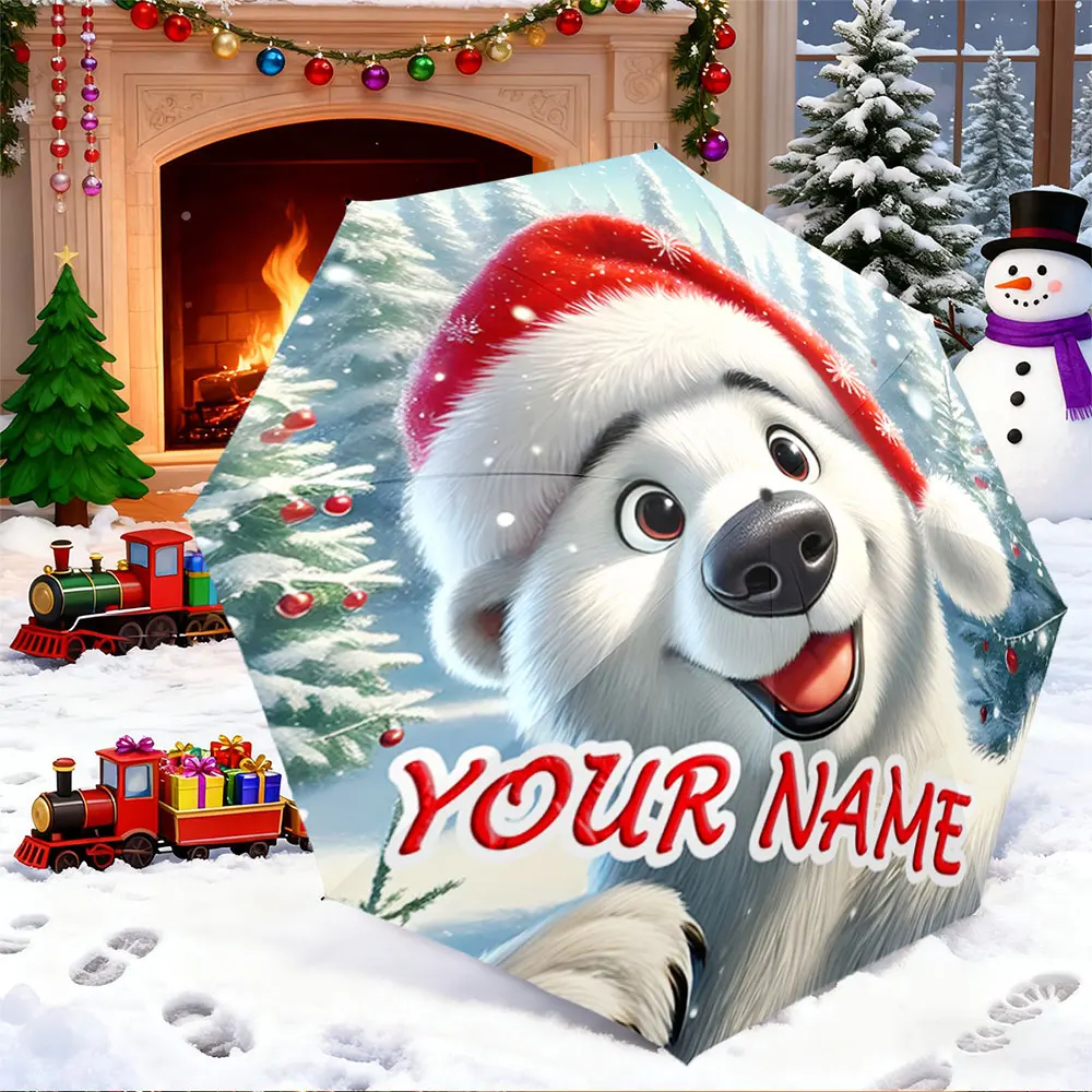 Custom Name Umbrella， Christmas Polar Bear Design Personalized Printed Umbrella ,Portable Folding Umbrella, Christmas Gift