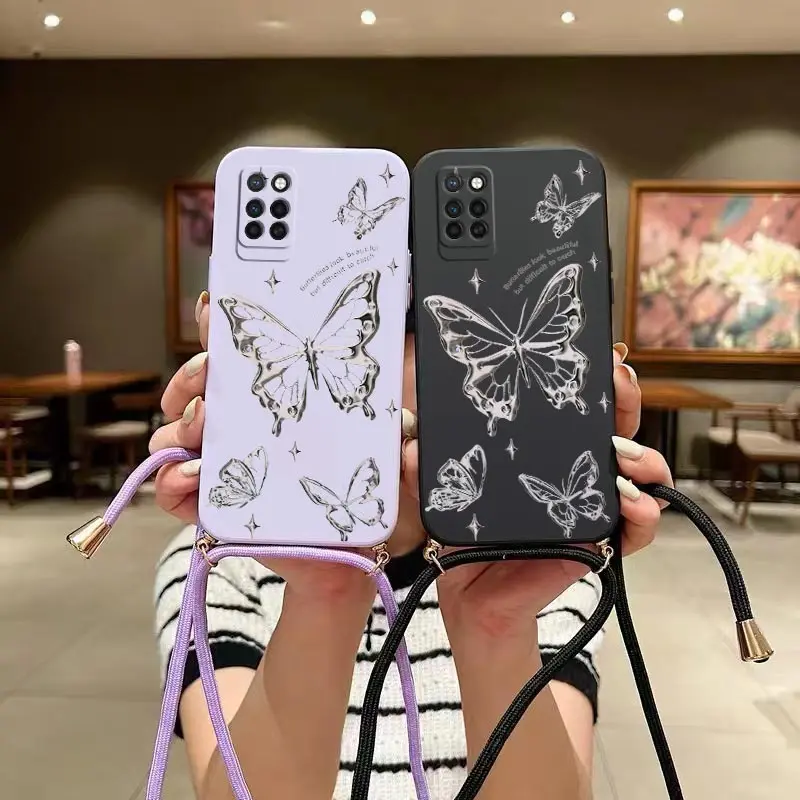 N ote10 Metallic Butterfly Lanyard Silicone Phone Case For Infinix Note 10 10Pro Hot 11S 10S 12 Tecno Spark 6Go 6Air 7Pro Cover