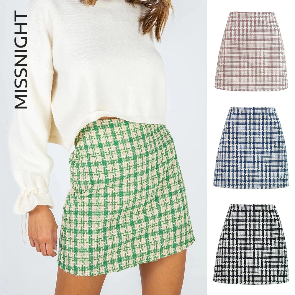 Missnight Sexy Plaid Skirt Woolen Grid Skirt Women Short Dress Streetwear Casual Outfits Autumn Winter 2022