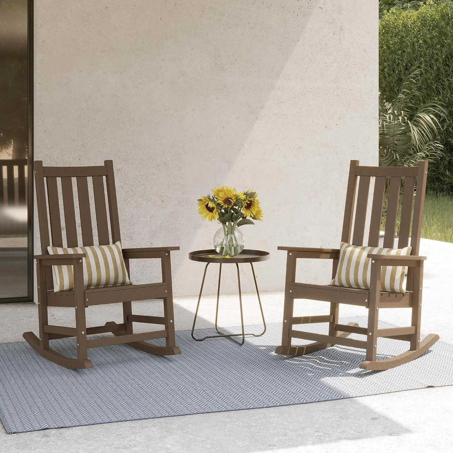 Outdoor Use, HDPE Material, Brown, Set of 2 Oversized Rocking Chairs with Widened Seats & High Backs