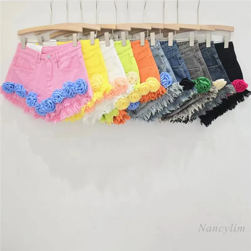 Pink Flower Tassel Denim Shorts Women 2024 Summer Niche Fried Street Slimming Hot Girl A- Line Wide Leg Hot Pants