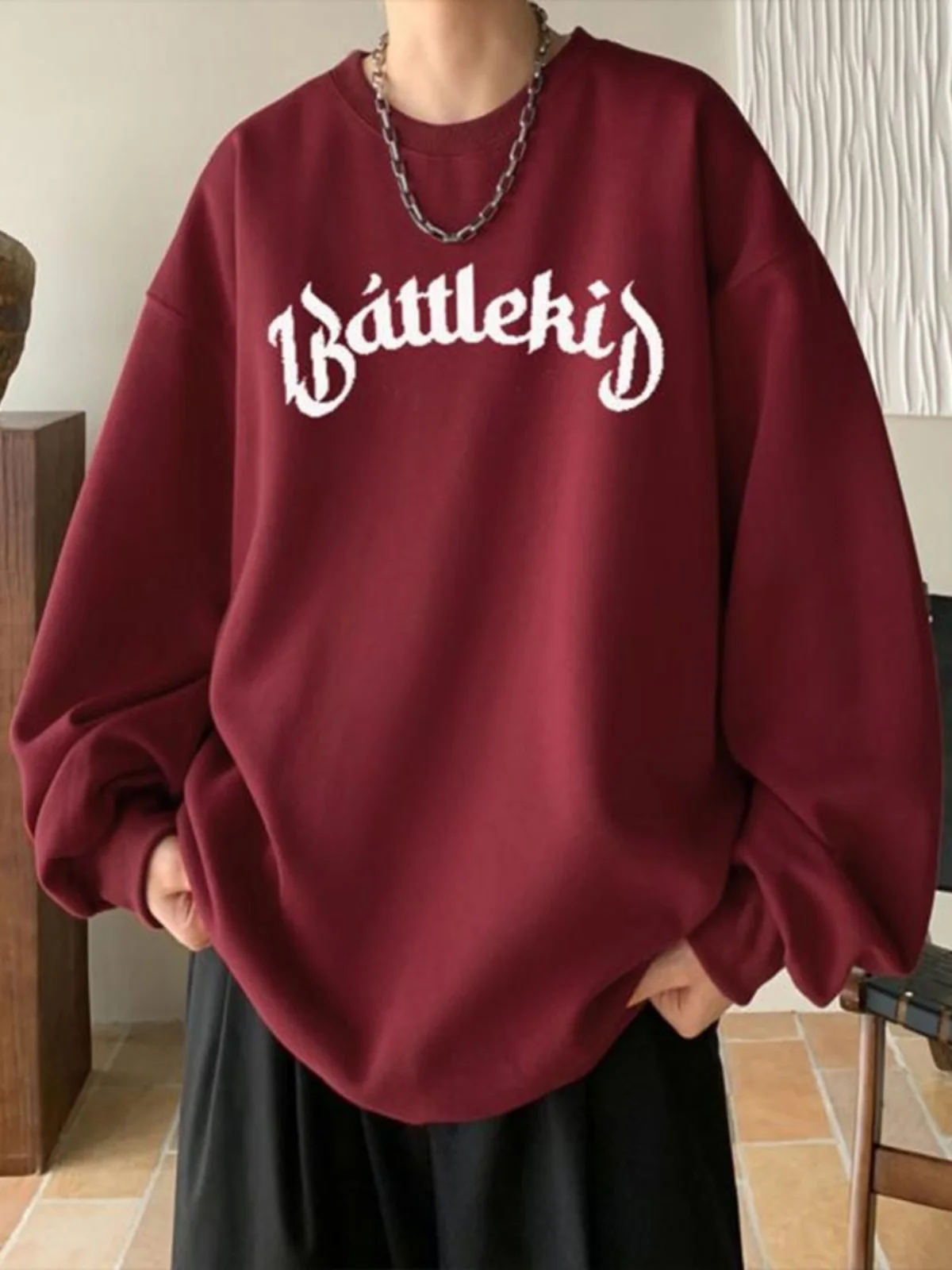 

Винтажный мужской свитшот цвета винного красного вина, осенний, оверсайз, плотный, повседневный, с круглым вырезом, без капюшона, с принтом, в уличном стиле