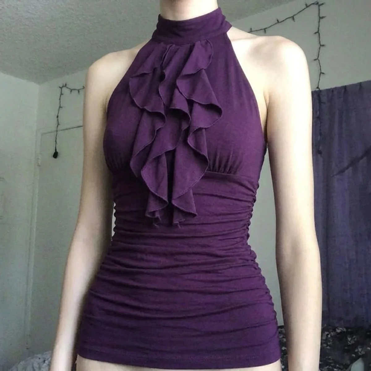 Old-fashioned high-neck pleated tassel purple off shoulder vest retro hot girl tight fitting sleeveless top figure Y2K Summer