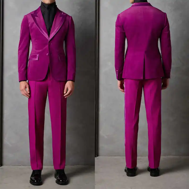 

Simple Man Tuxedos Velvet 2 Piece Set Jacket Pants Men Suit Trim Fit Single Breasted Evening Wedding Groom Customized
