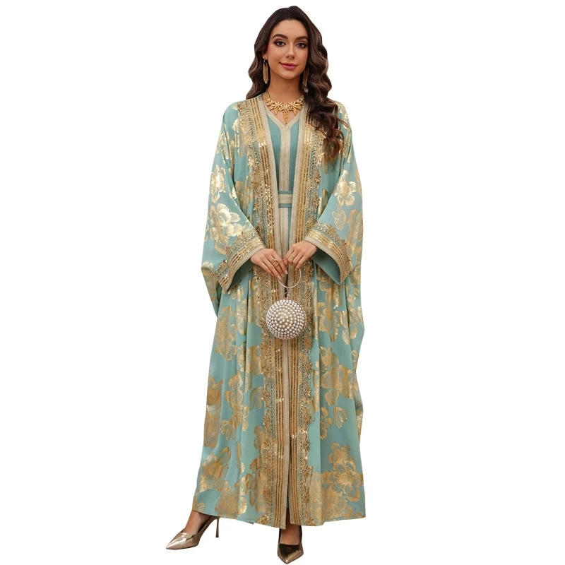 Middle East Ramadan Muslim Luxury Fashion Arab Hot Stamped Robe Two Piece Dress Trendy Party Jalabiya Dubai Islamic Robe