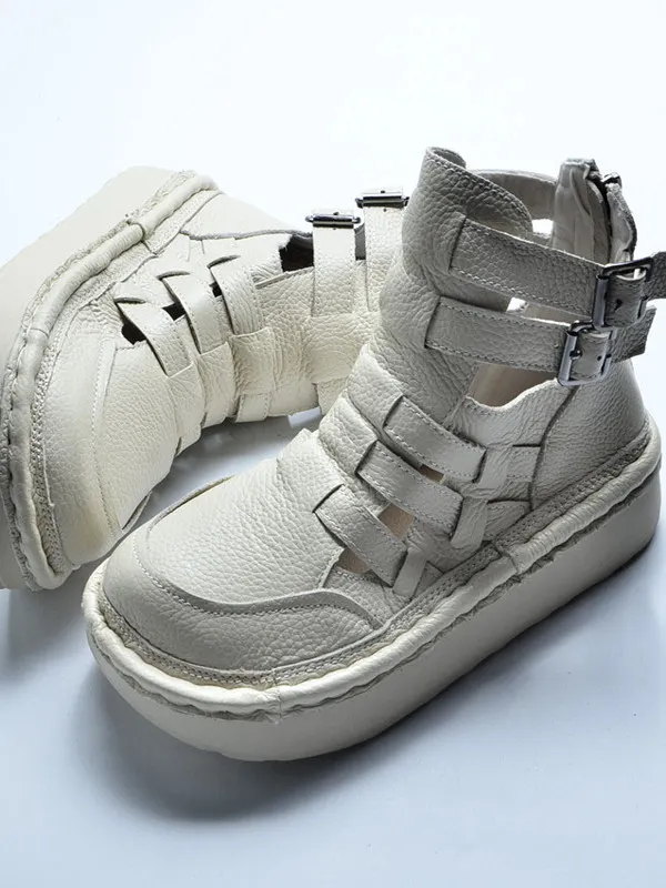 Sandalias de cuero huecas estilo romano hechas a mano para mujer, botines de media pantorrilla con suela gruesa, bonitos zapa...