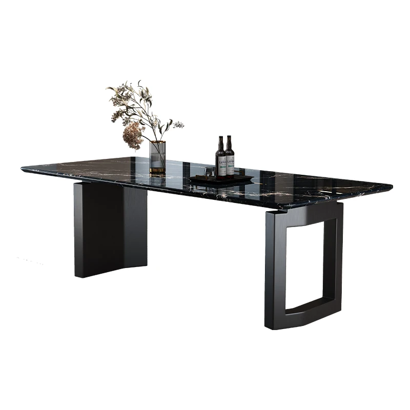 

Small apartment simple pure black panel rectangular office dining table and chair set commercial furniture living room