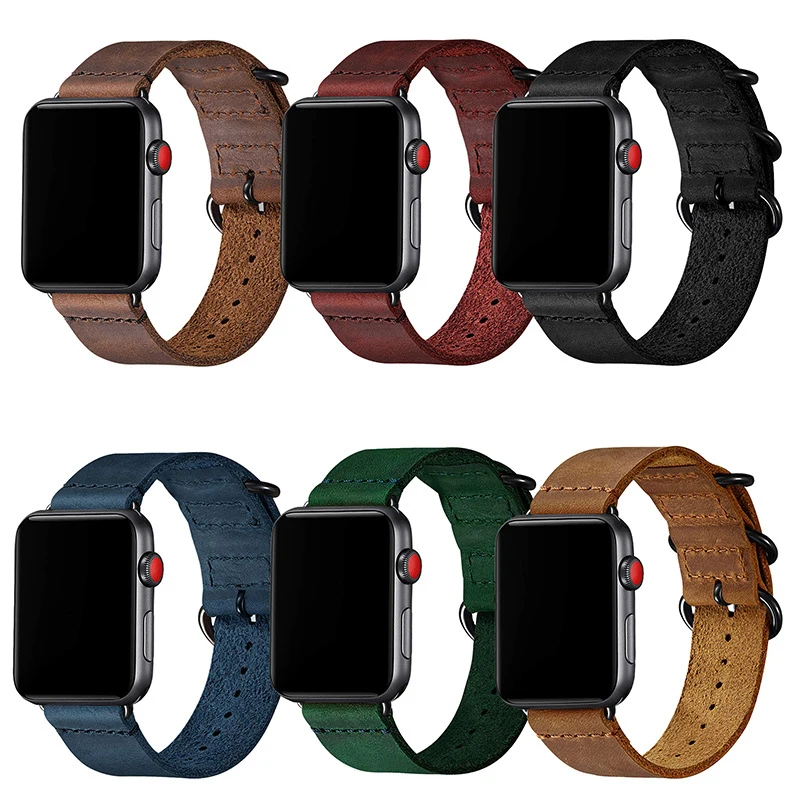 UTHAI Leather Strap Suitable For Apple Iwatch8 Three Ring Buckle Iron Ring Frosted Vintage Leather Wristband Watch Accessories