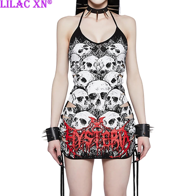 

Y2K Goth Skull Print Halter Hollow Out Mini Dresses Sexy Lace-up Backless Short Dress Party Dresses Women Summer New Fashion