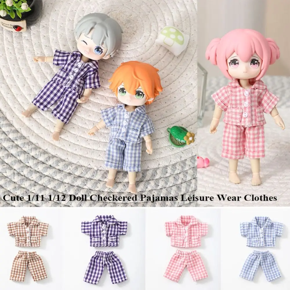 Cute Doll Checkered Pajamas Mini 4 Colors Leisure Wear Short Sleeve Sleep Clothes Accessories for 1/11 Dolls/for 1/12 BJD Doll