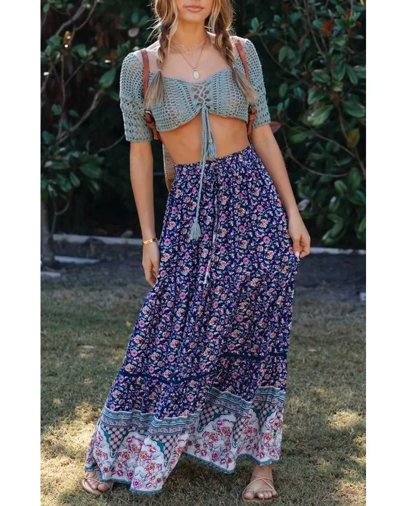 

Women's Floral Printed Skirt 2025 Spring/summer Fashion New Casual Hollow-out Skirt Bohemian Streetwear Beach Basics Skirt Women