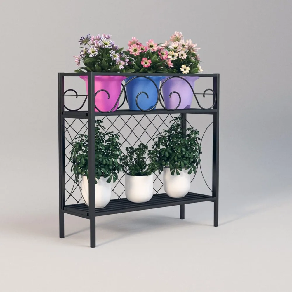 2 Tier Indoor Outdoor Potted Plant Shelf Heavy Duty Metal Plant Stand Sturdy Privacy Railing Panels Planter for Small Spaces
