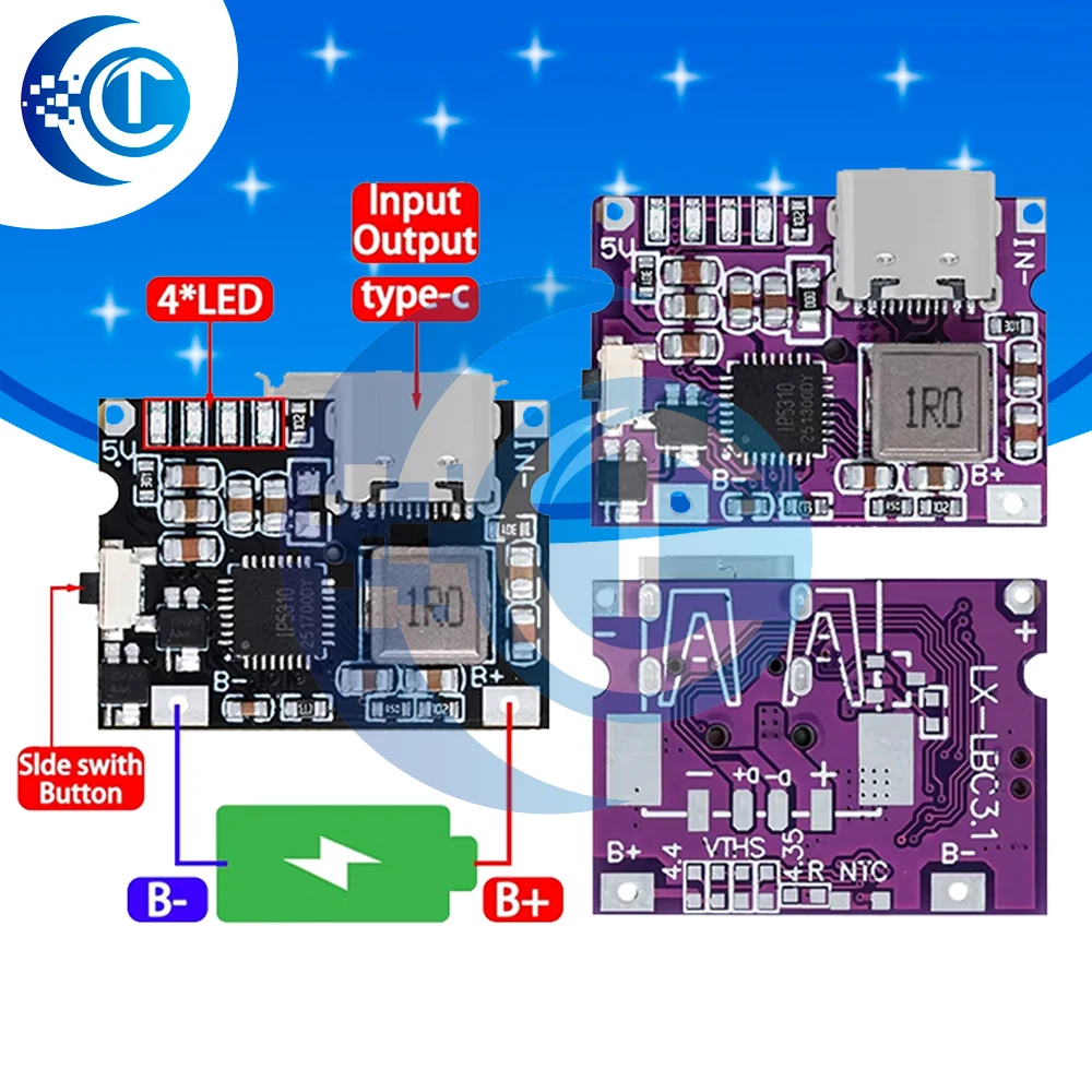 IP5310 Power Bank Boost Converter Module: USB Type-C, 5V 3.1A with Switch & LED Indicator