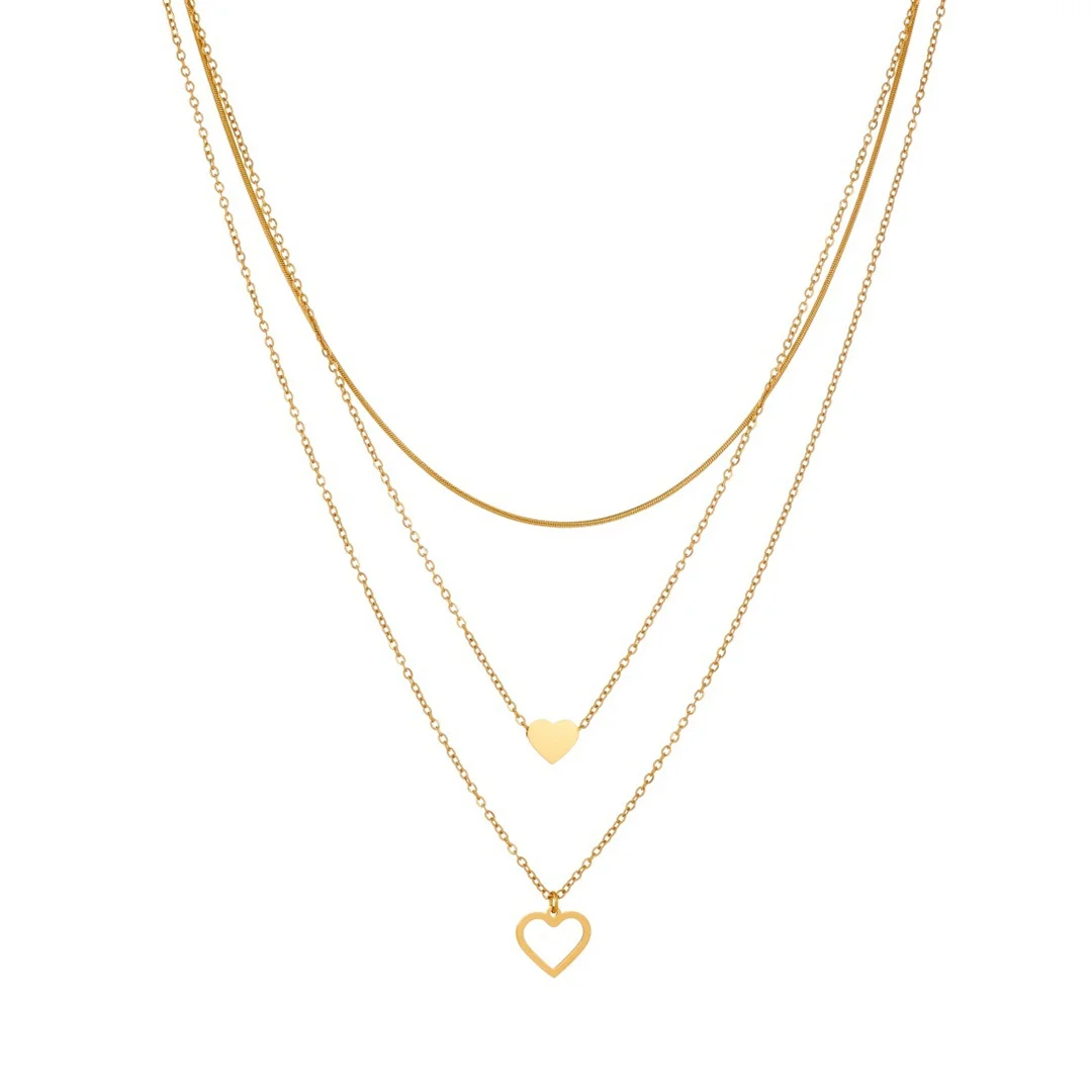 Punk Fashion Love Heart Pendant Female Gold Color Stainless Steel Three Layers Snake Bone Chain Link Necklace for Women Jewelry
