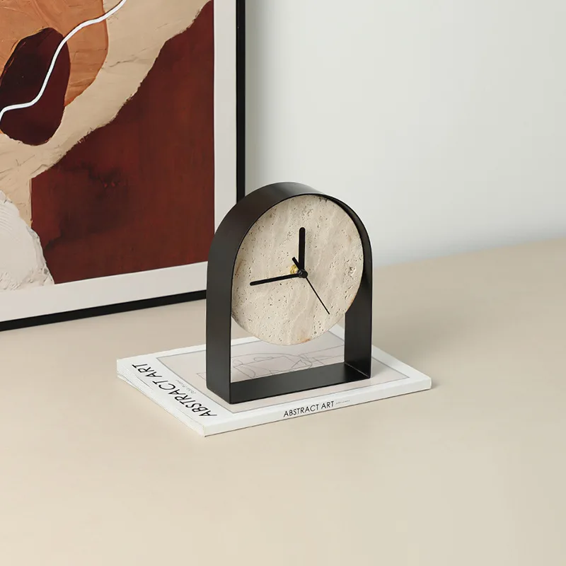 Modern wabi sabi creative geometric cave stone table clock ornament, study display case home decoration