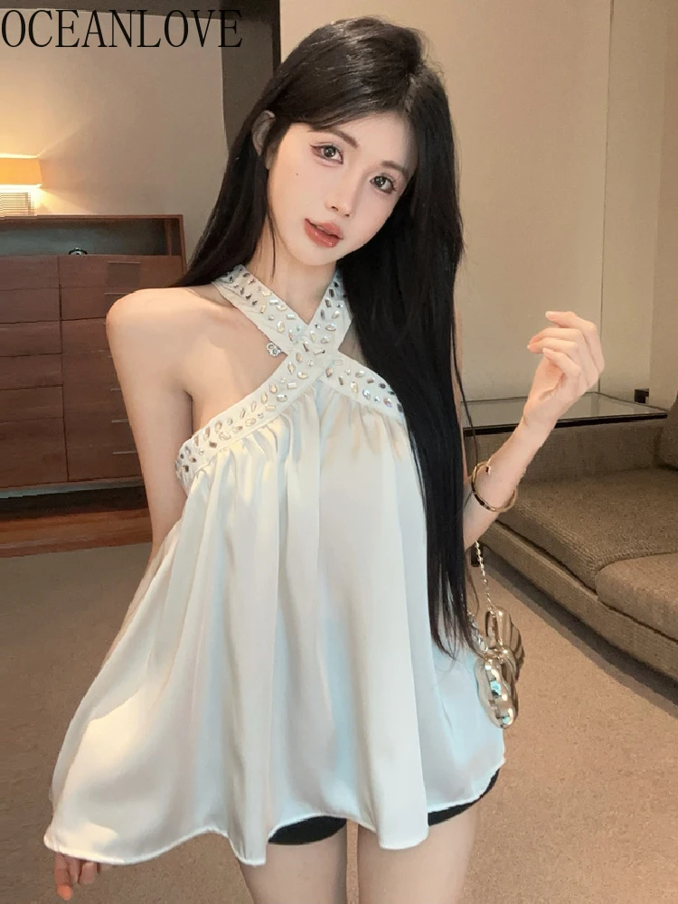 

OCEANLOVE атласная футболка для женщин с лямкой на шее, однотонные бриллианты, весна-лето, сексуальные Ropa De Mujer, корейские модные винтажные топы на бретелях