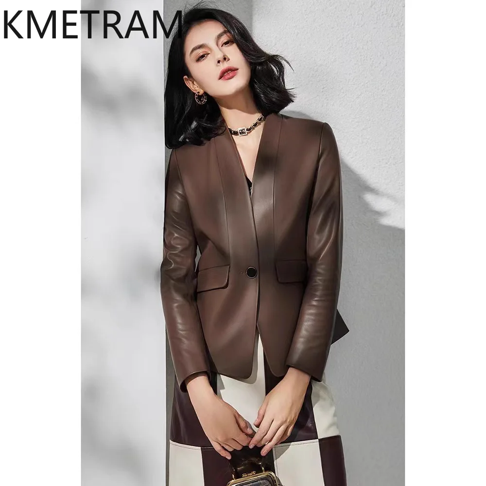 KMETRAM Genuine Sheepskin Leather Jacket Woman V-Neck Short Blazer Casual Real Leather Jackets Autumn Women Clothing 2026 casaco