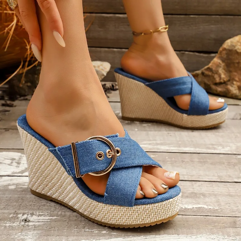 Summer New Cross Strap Buckle Wedge Women's Sandals Fashion Simple Comfort Super High Heeled Women Shoes Мюли Женские На Каблуке view 4