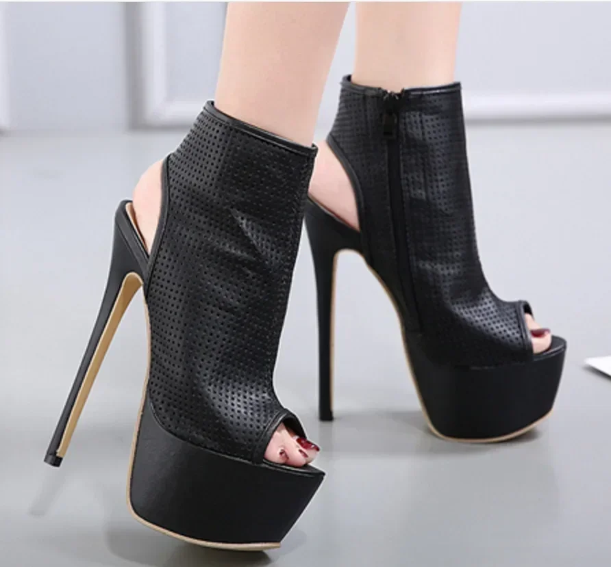 Luxury Woman Sandals Platform Pumps PU 16CM Thin Heels Summer ZIP Peep Toe Hollow High Heel Shoes Women’s Women Shoes