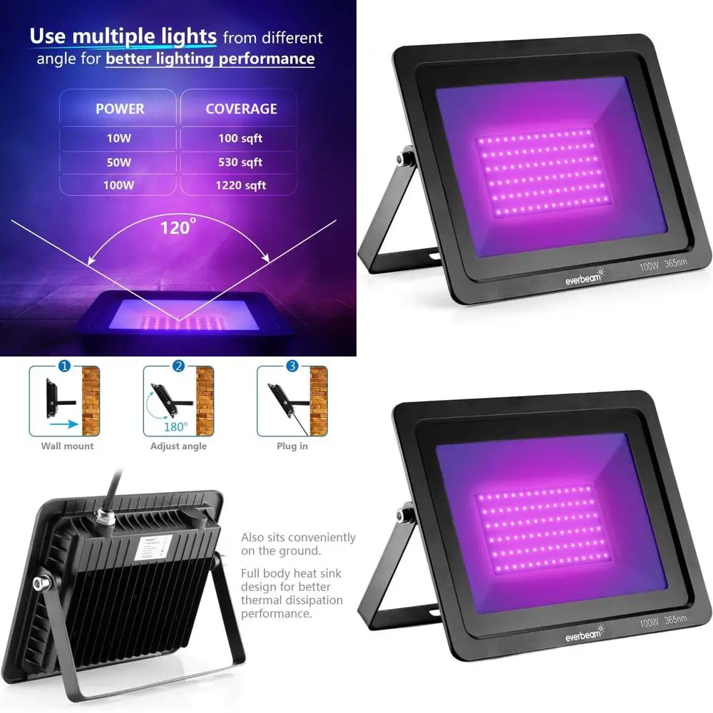 

УФ-светодиодная лампа 100 Вт 365 нм (черный свет) - Высокопроизводительная, водонепроницаемая, для аквариумов, вечеринок, сцены и декораций на Хэллоуин