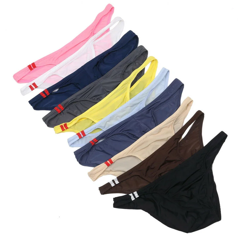 10PCS/Lot Sexy Mens Underwear Low Waist Cueca Ice Silk Underpants G-String Gay T-Back Thong Sexy Jockstrap Bikini Briefs Panties