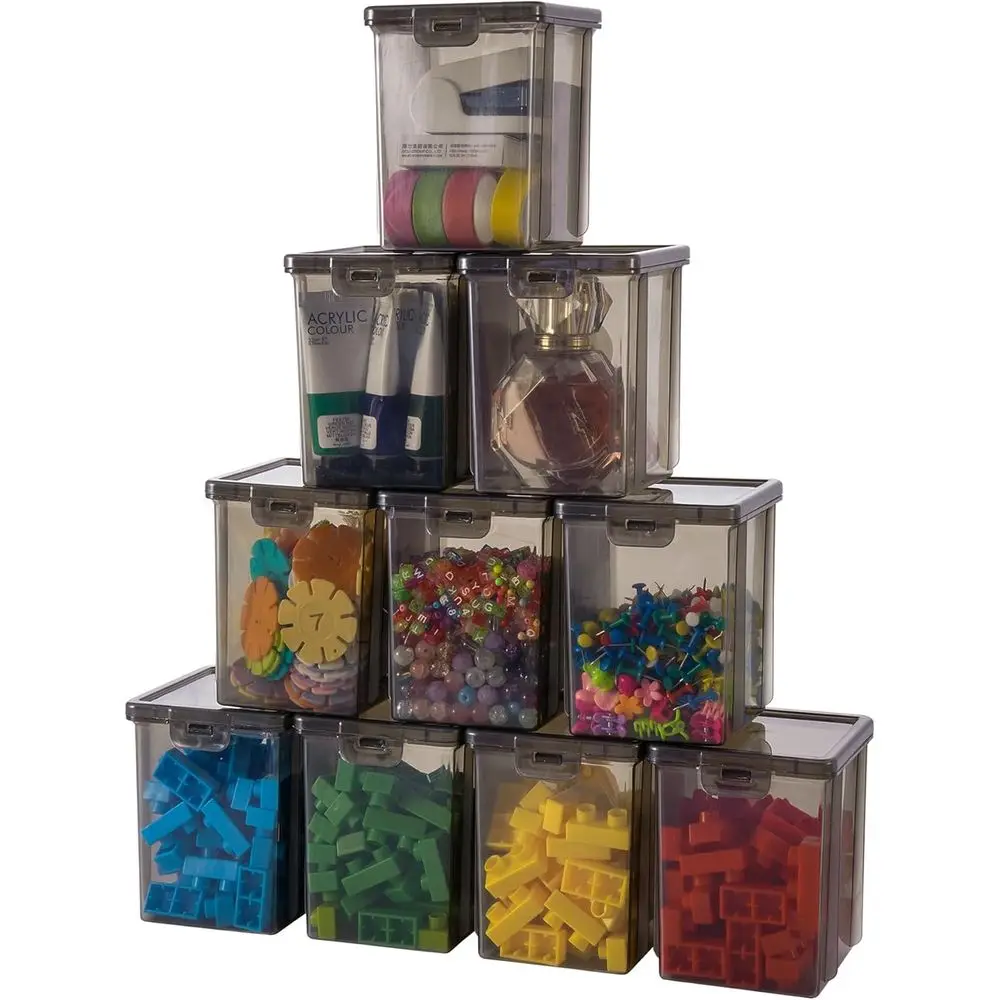 

Stackable Black Plastic Storage Boxes with Lids - 10-Piece Set for Organizing Crafts, Art, Jewelry, Office, and Pantry - 3.5x3.5