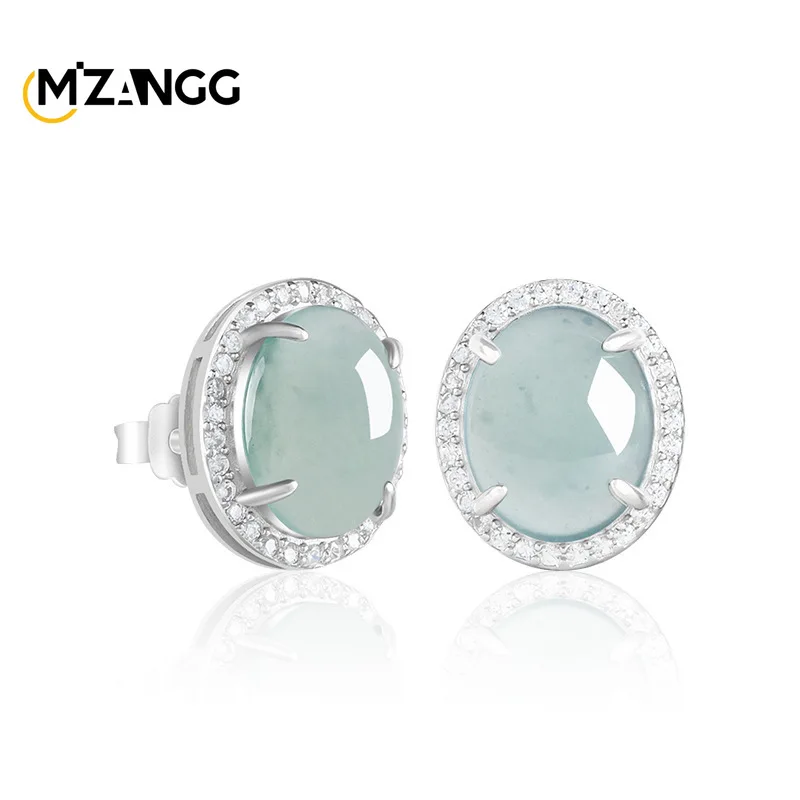 

Natural Grade A Jadeite Blue Water Oval Stud Earrings High-End Charming Ice-Type Jadeite Earrings The Perfect Gift for Women