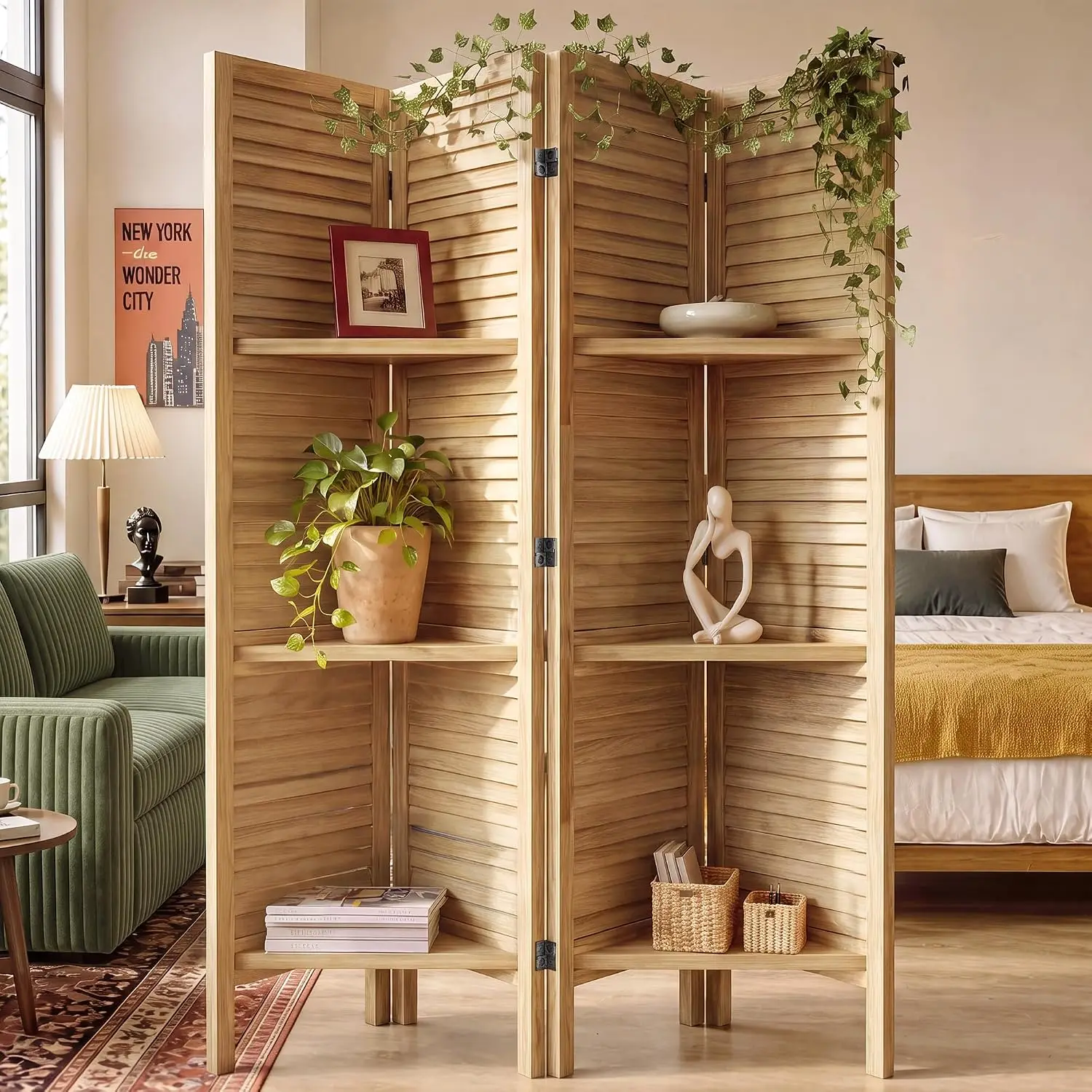 4-Panel Folding Room Divider with Storage Shelves, Natural Privacy Screen