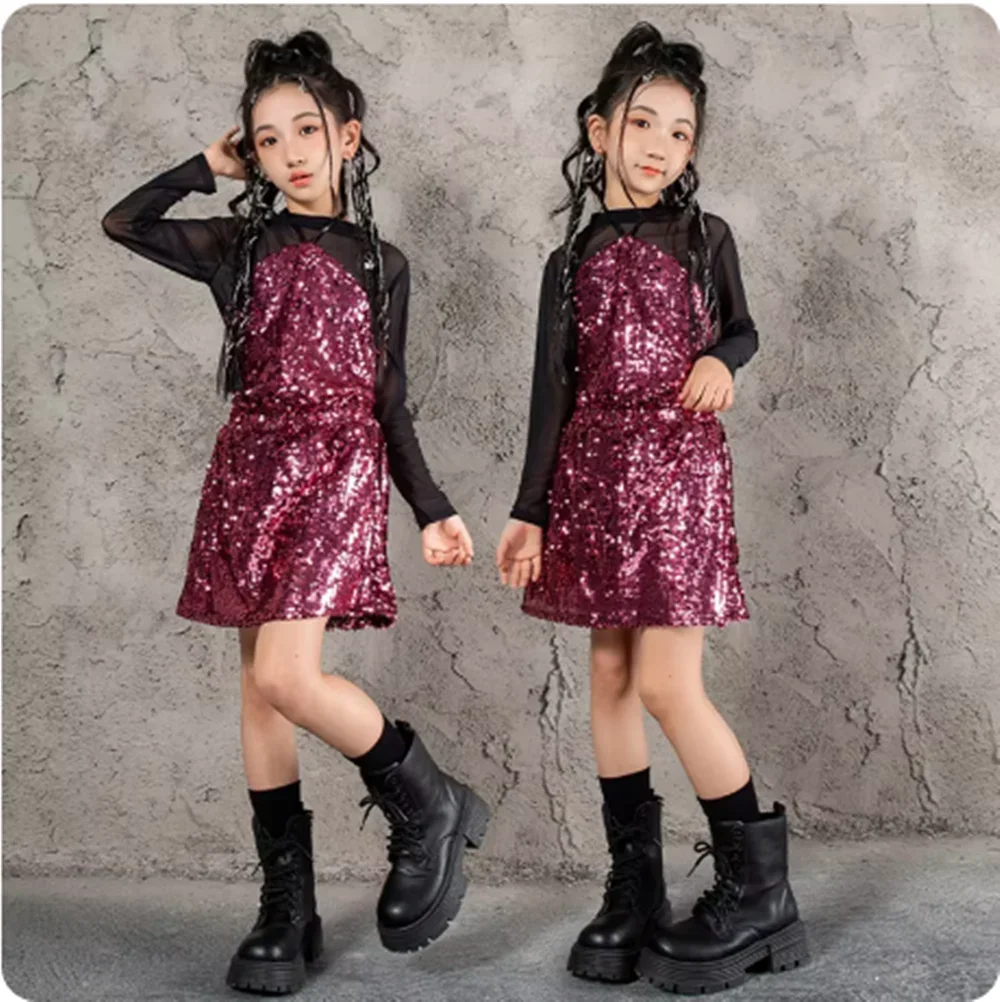 

Костюм для джазовых танцев с пайетками, сценический наряд для девочек в стиле K-pop, одежда для модных показов в стиле хип-хоп, детская танцевальная одежда для командных выступлений, черные топы, красная юбка yj117