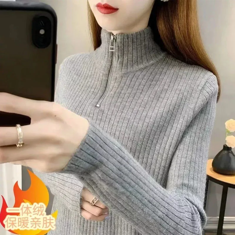 2023 New Autumn and Winter Fashion One Piece Velvet Half High Neck Zipper Knit Style Casual Warm Stripe Women's Loose Sweater