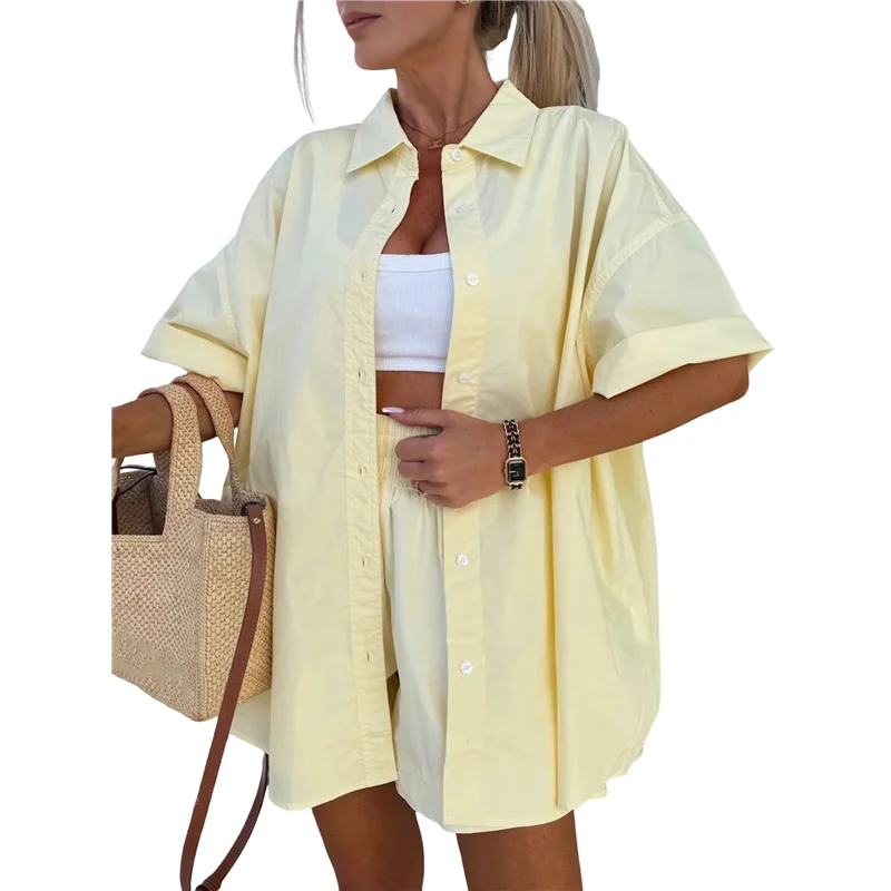 

ABP-Button Down Linen Short Sets For Women Short Sleeve Top Shorts 2 Piece Summer Vacation Outfits Lounge Tracksuits
