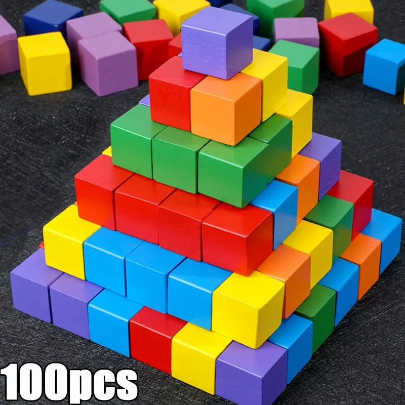 

50/100pcs Colorful Cubes Wooden Building Blocks Stacking Up Square Wood Toy Baby Shape Color Learning Toys for Children