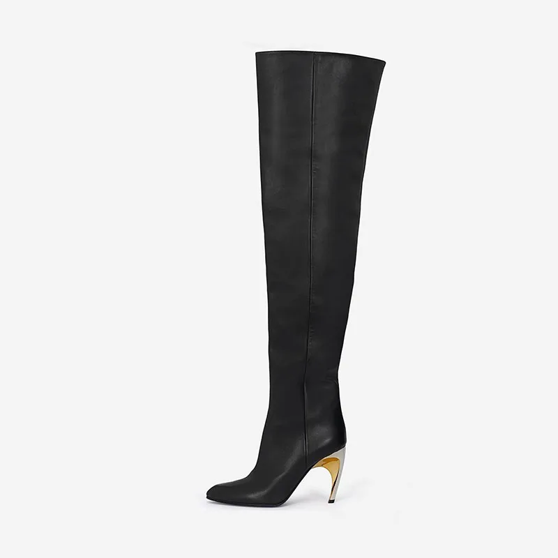 

Arden Furtado 2024 Genuine leather Alien heel Over the knee boots Pointed toe Side zipper Metal Stilettos heels Modern boots