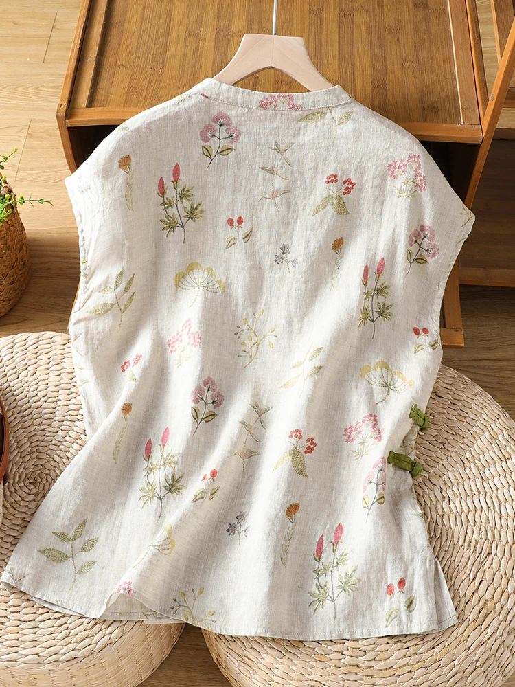 New Chinese Style Embroidered Stand Collar Sleeveless Shirt Women Summer Loose Loose Side Button Floral Print Small Shirt Top 3