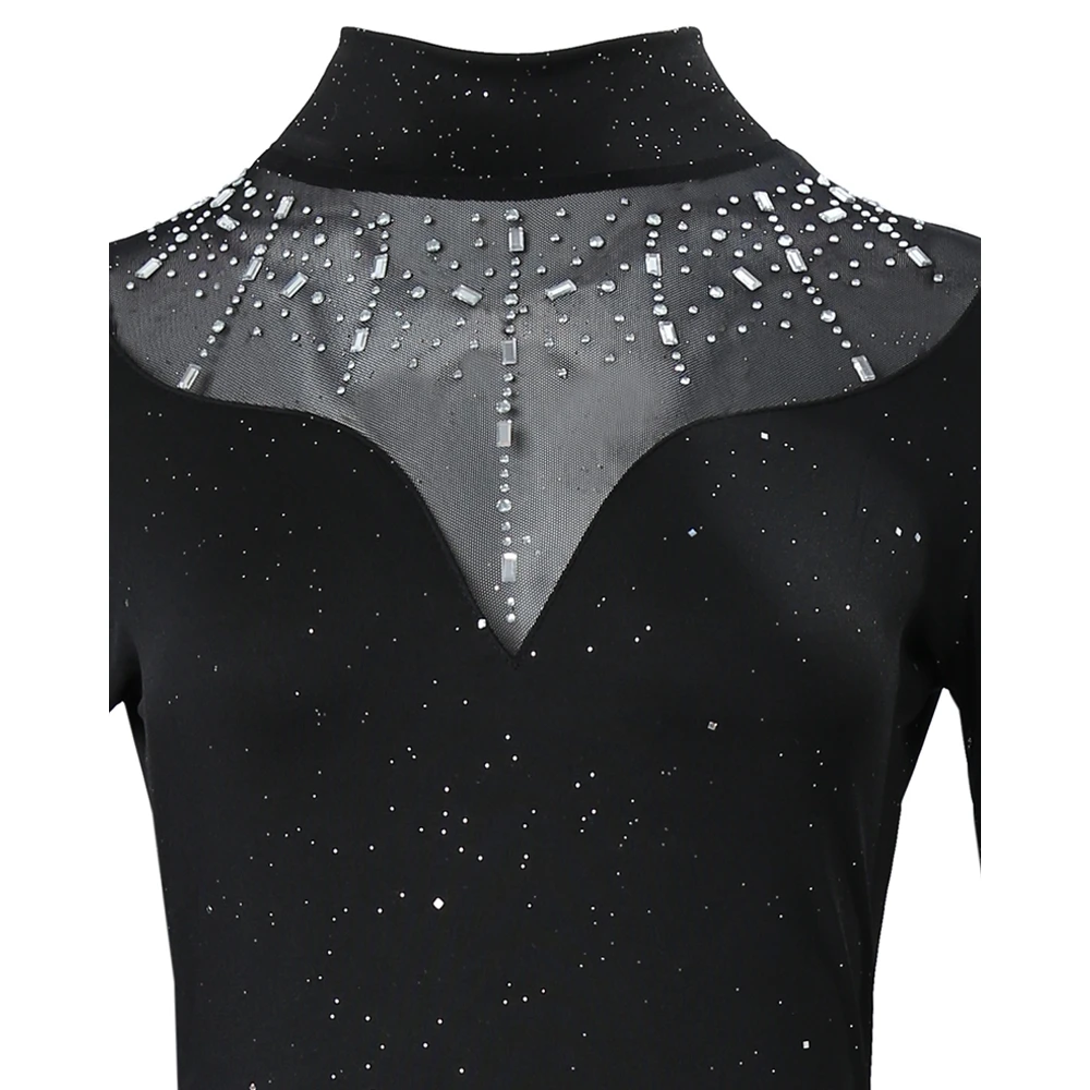 المرأة حجر الراين ديكور بقماش شفاف المرقعة كم طويل بريق Bodycon ميدي فستان سليم صالح وتتسابق