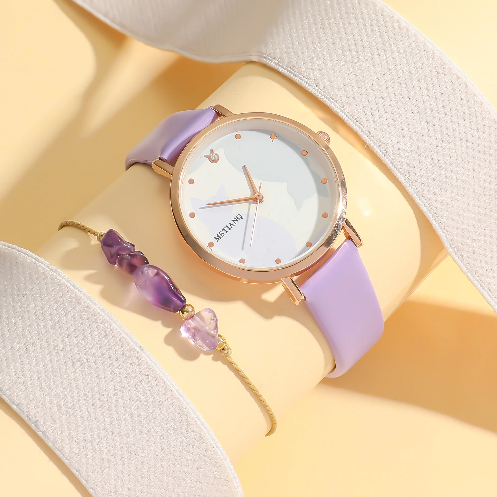 لا يوجد صندوق هدايا؛ ساعة كوارتز بحزام قطة كرتونية لطيفة وسوار من الخرز الكريستالي الأرجواني مكون من قطعتين #1