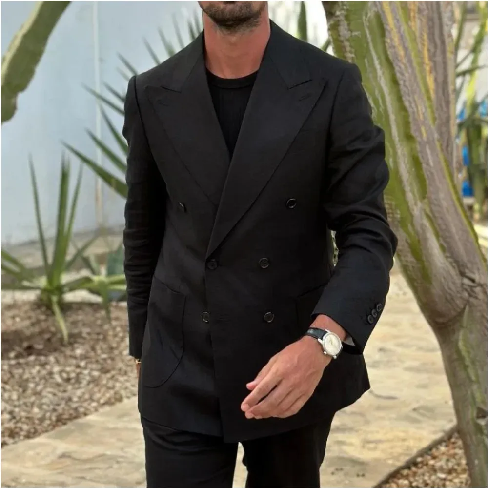 

Black Double Breasted Men Suits Classic Fashion Peaked Lapel Formal Smart Casual 2 Piece Wedding Tuxedo Prom Party Costume Homm