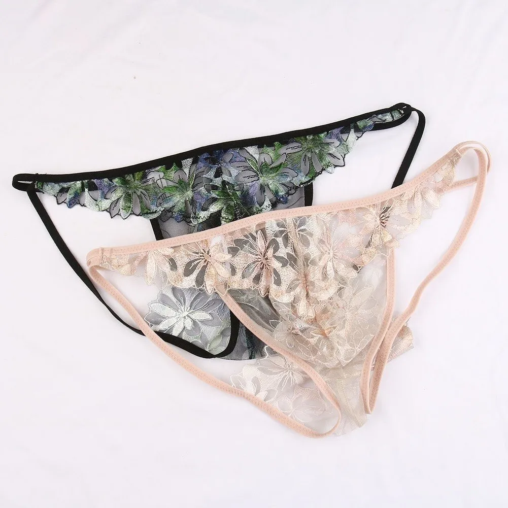 Men Mesh Floral Embroidered Lace G-String Underwear See Through Low-waist Thongs Floral Print Thin Strap Low Waist Transparent