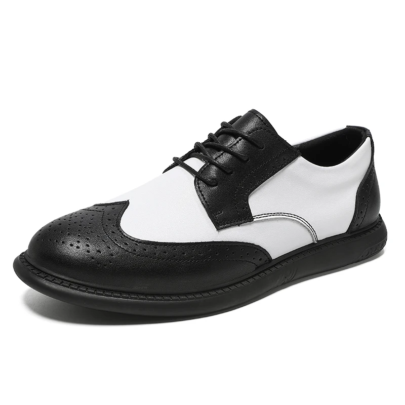 

Мужские повседневные кожаные туфли, черно-белые стильные туфли-броги на шнуровке на плоской подошве, офисная повседневная кожаная обувь для мужчин