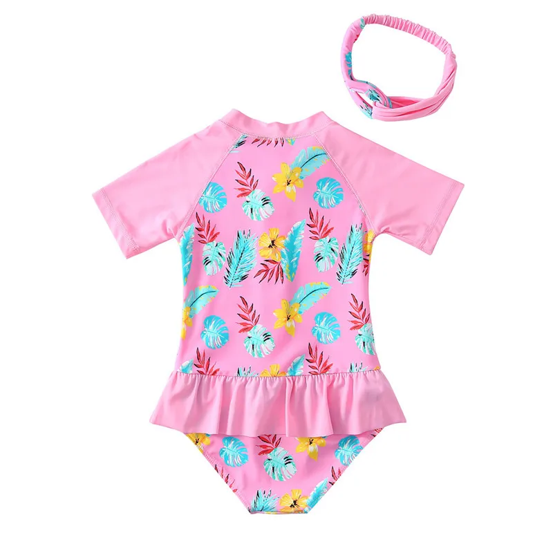 Kids Two Pieces Swimwear Baby Swimsuit UPF50+ Sun Protective Swimming Suit with Hairband Summer Beach Wear Rashguard